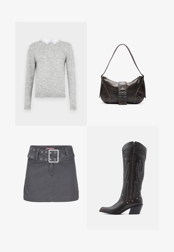Grå sweater med lange ærmer, der har en hvid krave udsmykket med dekorative nitter. Lavet af et blødt, tekstureret stof.; Grå bomulds mini skirt med et bredt bælte, der har sølv-lufthuller og en firkantet metalspænde, designet med en ren, lige silhuet.; Brune læder cowboystøvler med flammebroderi, sidelukning med lynlås, sølvnitter, spids snude og lagdelt hæl.; Brun læder skuldertaske med en buet form, der har et fremtrædende spænde, kontrasterende syninger og en enkelt skulderrem.