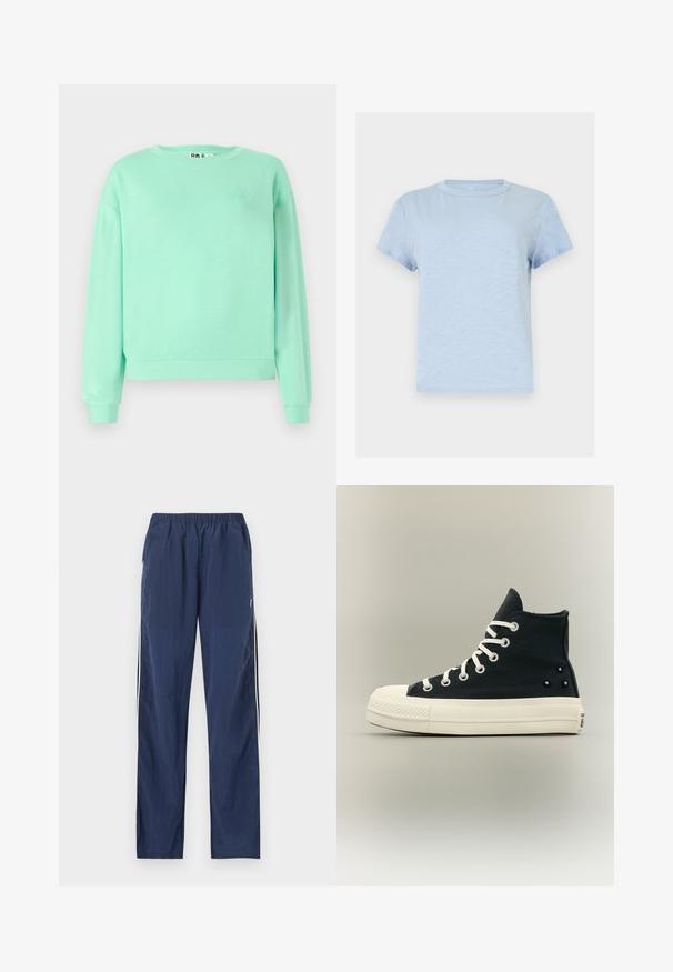 Sweatshirt vert menthe, col rond, manches longues, poignets côtelés, tissu doux, arborant un motif brodé discret sur la poitrine.; T-shirt bleu clair à manches courtes avec col rond, de couleur unie simple et texture de tissu douce.; Pantalon léger bleu marine avec taille élastique, poches latérales et bandes blanches le long des coutures extérieures des jambes.; Baskets montantes noires avec lacets blancs, bout renforcé et semelle épaisse, vues de profil sur un fond gris clair.