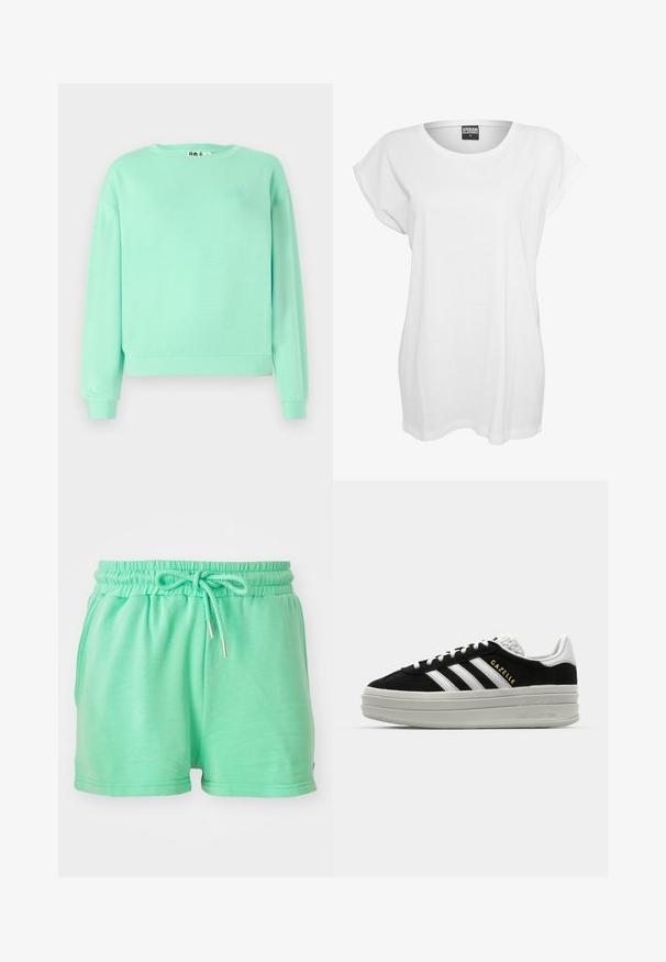 Mintgrøn sweatshirt, rund hals, lange ærmer, ribbede manchetter, blødt stof, med et diskret broderet design på brystet.; Hvid kortærmet t-shirt lavet af bomuld, med en afslappet pasform, bred halsudskæring og minimalistisk design uden mønstre eller accenter.; Mintgrønne shorts lavet af blødt materiale, med elastisk talje med justerbar snor og sidelommer.; Sort ruskind sneaker med hvide læderdetaljer, tre hvide striber, flade snørebånd og en tyk grå platformsål. Guldfarvet "Gazelle" branding.