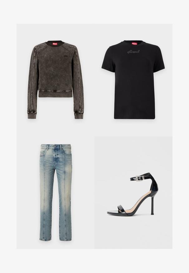 Sweat-shirt en denim noir avec finition délavée, encolure ronde, poignets côtelés et bandes latérales. Présente un logo discret sur la poitrine.; T-shirt noir Diesel à manches courtes avec un petit logo en strass centré juste en dessous de l'encolure.; Jean en denim bleu clair à coupe droite, avec une finition délavée, des coutures contrastées et une fermeture avant par bouton.; Sandale à talon haut en cuir verni noir avec bride à la cheville. Présente un design minimaliste, un bout ouvert et une boucle ornée de strass.
