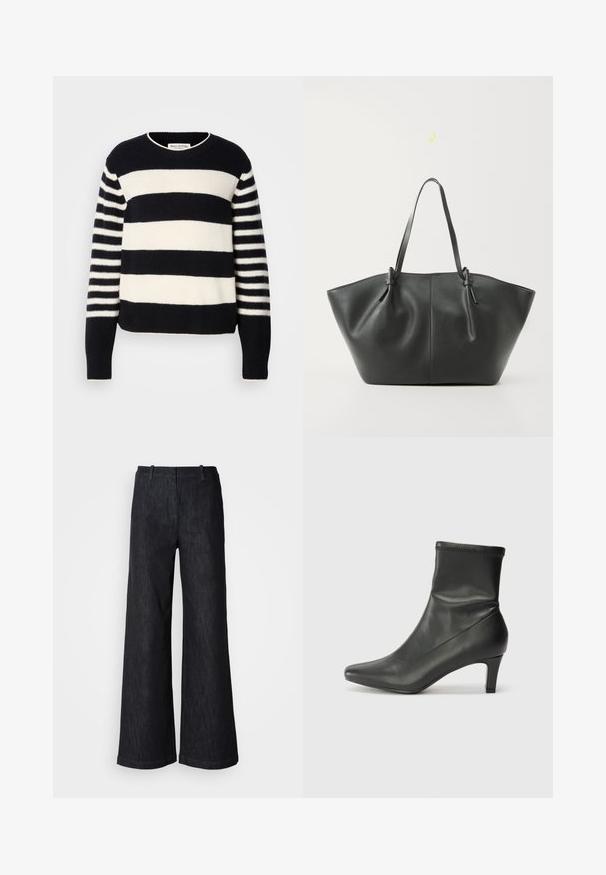 Pull rayé bleu marine et crème avec un col rond, présentant un motif horizontal épais et de fines rayures verticales sur les manches.; Pantalon en denim noir à jambes larges avec une finition texturée, doté de passants pour ceinture et d'un ourlet net. Design classique, adapté à diverses occasions.; Bottine noire en cuir avec un bout pointu et un talon de 6 cm. La tige a une texture lisse avec un design ajusté et des coutures discrètes.; Vero Moda VMDITTA - Cabas - black