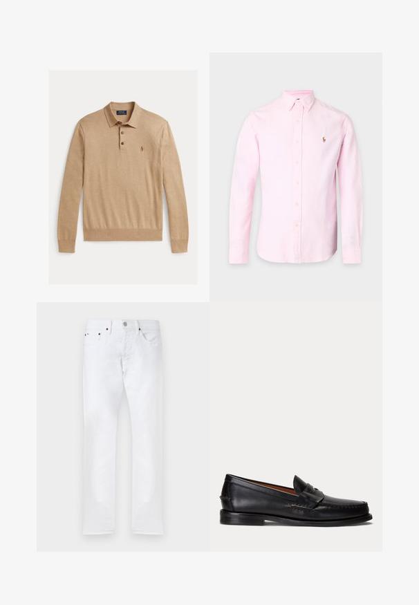 Polo à manches longues en tissu doux. Dispose d'une patte de boutonnage à trois boutons et d'un petit logo brodé sur le côté gauche de la poitrine.; Chemise rose clair à manches longues, boutonnée avec col boutonné et petit logo brodé sur la poitrine gauche.; Jean blanc slim ajusté avec cinq poches, fermeture à boutons et passants pour ceinture, présenté à plat sur un fond blanc.; Mocassin en cuir noir avec un petit talon et une bride penny, vu de côté sur un fond gris clair.