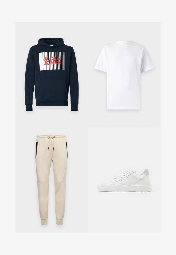 Navy katoenen hoodie met een voorzak in kangoeroestijl, een capuchon met trekkoord en een witte rechthoekige afbeelding met bold rode tekst "JACK & JONES."; Witte T-shirt met korte mouwen, gemaakt van katoen, met een ronde hals. Het heeft een gladde textuur en een eenvoudig ontwerp zonder patronen of accenten.; Lichtbeige sweatpants met een drawstring tailleband, zijritsen en taps toelopende manchetten met textuuraccenten op de zijpanelen.; Witte leren sneakers met een gladde afwerking, ronde neus, platte veters en een gestructureerde zool. Grijze suède accent bij de hiel.