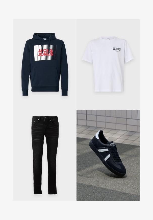 Navy katoenen hoodie met een voorzak in kangoeroestijl, een capuchon met trekkoord en een witte rechthoekige afbeelding met bold rode tekst "JACK & JONES."; Witte katoenen t-shirt met korte mouwen en een ronde hals. De bedrukking op de linkerborst luidt "REPUBLIQUE FRANCAISE" in donkergroene letters.; Zwarte skinny jeans met een gladde denimtextuur, traditionele vijf-pocketontwerp, ritsluiting en subtiele vervaging details op de stof.; Zwarte leren sneaker met witte strepen, een gestructureerde rubberen zool en vetersluiting aan de voorkant. Voorzien van een merklabel op de tong.