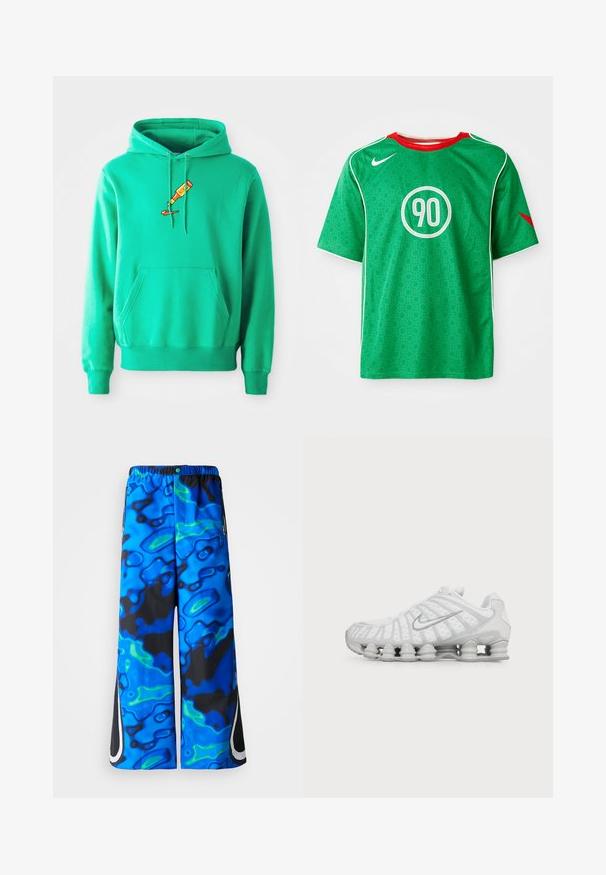 Grüne Kapuzenjacke aus weichem Stoff, mit einer Kängurutasche vorne und einem Logo einer FarbTube, die auf der Brust tropft.; Grünes Nike-Sportshirt mit kurzen Ärmeln, weißen Akzenten, gepunktetem Muster und einem runden weißen "90"-Logo in der Mitte. Roter Kragen.; Blaue und schwarze, abstrakt gemusterte, weit geschnittene Hose mit elastischem Bund und seitlichen Reißverschlusstaschen auf einem einfarbigen Hintergrund.; Weißer Nike Laufschuh mit sichtbarer luftgepolsterter Sohle und silbernem Swoosh-Logo an der Seite, von der Außenseite gezeigt.