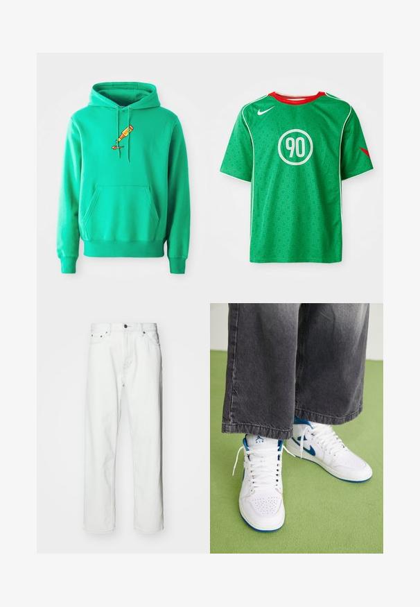 Zelená mikina vyrobená z mäkkého materiálu, s predným kengurím vreckom a logom rozliatej farby v tubi na hrudi.; Zelené športové tričko Nike s krátkymi rukávmi, bielymi akcentmi, vzorom s bodkami a kruhovým bielym logom "90" v strede. Červený golier.; Biele džínsy z denimovej látky so strihaním rovného strihu, dizajnom s piatimi vreckami, zapínaním na gombík a jemnými švami. Hladká textúra a minimalistický štýl.; Biele vysoké tenisky s modrými akcentmi, perforovanou špičkou a bielymi šnúrkami. Nosené s voľnými šedými džínsami na zelenej ploche.