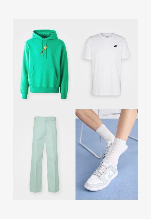 Grüne Kapuzenjacke aus weichem Stoff, mit einer Kängurutasche vorne und einem Logo einer FarbTube, die auf der Brust tropft.; Weißes Baumwoll-T-Shirt mit Rundhalsausschnitt, kurzen Ärmeln und einem schwarzen Nike-Logo auf der linken Brust. Einfaches, einfarbiges Design.; Helle grüne Baumwollhosen mit geradem Bein, die eine glatte Textur und einen standardmäßigen Bund mit Gürtelschlaufen aufweisen.; Weiße Sneakers mit hellblauen Akzenten, Obermaterial aus Leder, perforierte Zehenpartie, dicke Schnürsenkel und gerippte weiße Socken vor einem blauen Hintergrund.