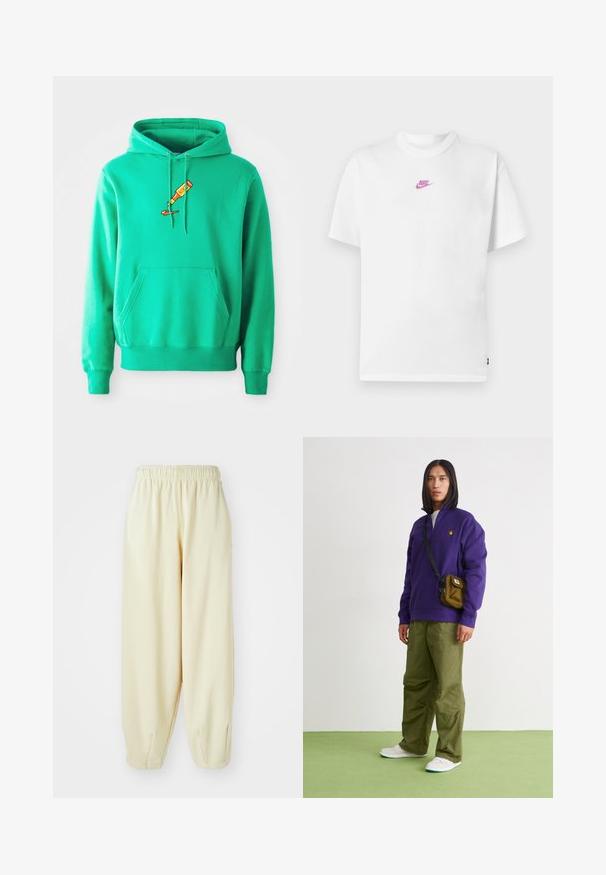 Vihreä huppari, joka on valmistettu pehmeästä kankaasta. Hupparissa on etupuolen kengurutasku ja rintaosassa maalaustubista tippuvaa maalia esittävä logo.; Valkoinen Nike-lyhythihainen t-paita, jossa pieni vaaleanpunainen logo rinnassa keskitetysti ja pyöreä pääntie.; Valkoiset collegehousut, joissa on elastinen vyötärönauha, kaventuvat lahkeensuut ja rento malli. Valmistettu pehmeästä, kevyestä kankaasta.; Jordan AIR JORDAN 1 ZM CMFT 2 - Korkeavartiset tennarit - summit white/bicoastal/oxidized green