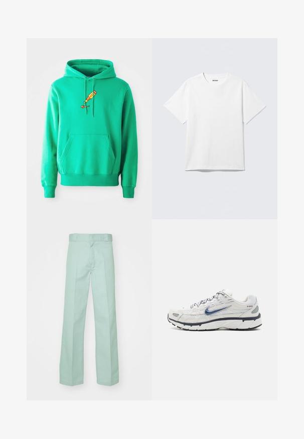 Sudadera verde de tejido suave, que presenta un bolsillo canguro en el frente y un logo de un tubo de pintura goteando en el pecho.; Camiseta blanca de manga corta con cuello redondo, colocada plana, diseño liso, con etiqueta "WEEKDAY" en el interior del cuello sobre un fondo claro.; Pantalones de color verde claro hechos de algodón con un diseño de pierna recta, que presentan una textura suave y una cinturilla estándar con trabillas para el cinturón.; Nike Sportswear P 6000 - Zapatillas - phantom/obsidian/summit white/white/black/metallic silver