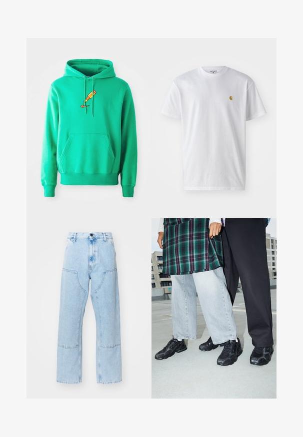 Sudadera verde de tejido suave, que presenta un bolsillo canguro en el frente y un logo de un tubo de pintura goteando en el pecho.; Camiseta de algodón blanca con mangas cortas, cuello redondo, que presenta un pequeño logo dorado en la parte izquierda del pecho. Textura suave y corte regular.; Jean de mezclilla de pierna recta en azul claro, con grandes bolsillos frontales y costuras en contraste. La tela tiene una textura desvaída y suave.; Zapatillas deportivas negras con acentos de malla y goma. Combinadas con jeans de pierna ancha de color gris claro y una blusa de cuadros verdes. Fondo de superficie plana.
