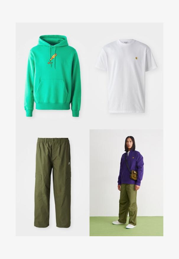 Sweat à capuche vert en tissu doux, doté d'une poche kangourou à l'avant et d'un logo de tube de peinture qui goutte sur la poitrine.; T-shirt en coton blanc à manches courtes, col rond, avec un petit logo doré sur la poitrine gauche. Texture douce et coupe régulière.; Pantalons cargo Nike en vert olive foncé, avec une taille élastique, deux poches latérales et un tissu lisse et léger.; Jordan AIR JORDAN 1 ZM CMFT 2 - Baskets montantes - summit white/bicoastal/oxidized green