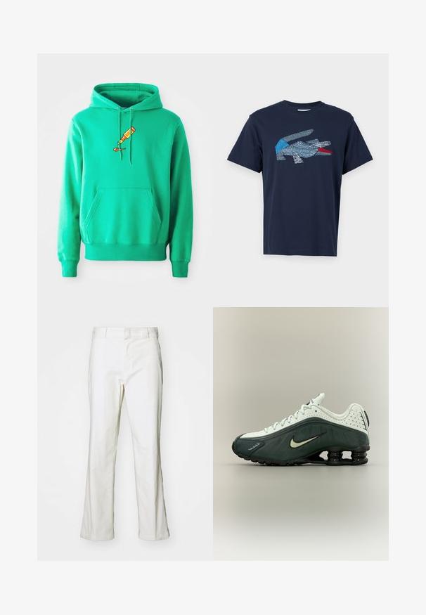 Zelená mikina vyrobená z mäkkého materiálu, s predným kengurím vreckom a logom rozliatej farby v tubi na hrudi.; Lacoste Tričko s potlačou - dark blue; Biele bavlnené nohavice so strihom na rovno, s pásom a štandardnými vreckami. Tkanina vyzerá hladko a je mierne textúrovaná.; Bielo–tmavozelený tenisk Nike s čiernou pružinovou podrážkou a šnúrkami, zobrazený z boku na neutrálom pozadí.