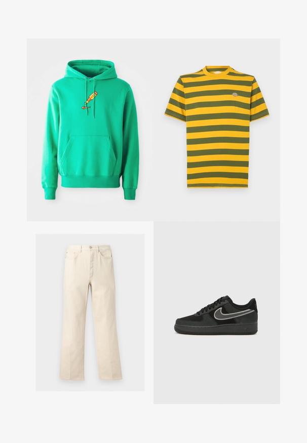 Grüne Kapuzenjacke aus weichem Stoff, mit einer Kängurutasche vorne und einem Logo einer FarbTube, die auf der Brust tropft.; Kurzärmeliges T-Shirt mit gelb-grünen horizontalen Streifen, Rundhalsausschnitt und kleinem Logodetail auf der Brust. Aus Baumwollmaterial.; Beige, gerade geschnittene Hose mit Fronttaschen, Gürtelschlaufen, Knopfverschluss und Reißverschluss, vor einem schlichten Hintergrund präsentiert.; Nike Air Force 1 Sneaker aus schwarzem Wildleder und Leder, mit silbernem Swoosh, runder Zehenpartie, Schnürdesign und strukturierter Gummilaufsohle.