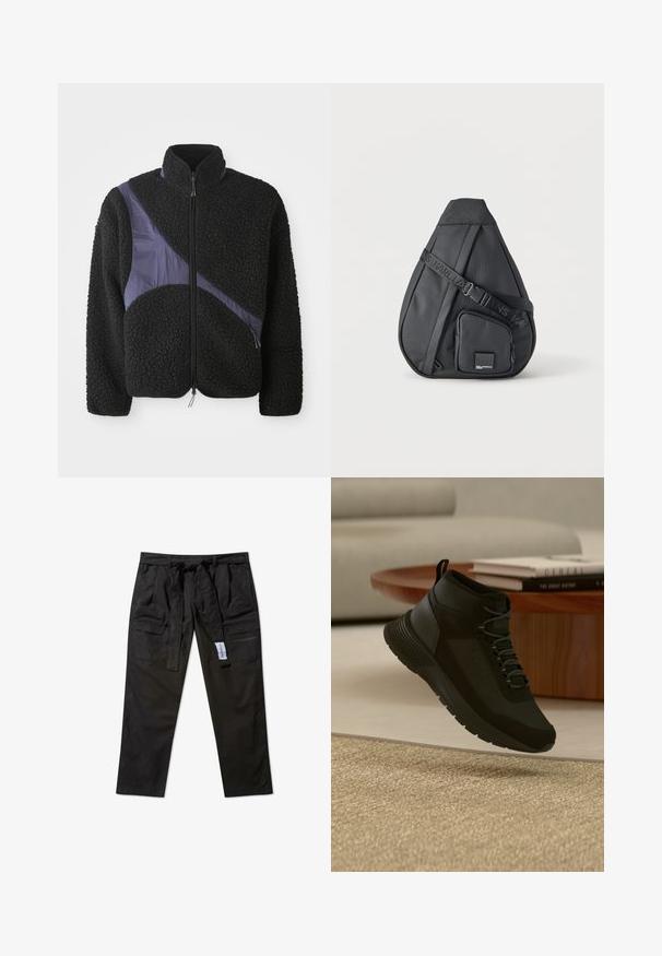 Μαύρο fleece μπουφάν με διαγώνια μωβ ναυλον ένδειξη, ψηλό γιακά, κλείσιμο με φερμουάρ και υφασμάτινη υφή για επιπλέον ζεστασιά.; Μαύρες cargo παντελόνες φτιαγμένες από ανθεκτικό υλικό, με ζώνη στη μέση, τέσσερις τσέπες και ίσια γραμμή.; Μαύρο ψηλό αθλητικό παπούτσι με κορδόνια που αιωρείται πάνω από μπεζ χαλί, ξύλινο στρογγυλό τραπέζι με στοίβες βιβλίων σε ένα φωτεινό μοντέρνο καθιστικό.; Μαύρη τσάντα χιαστί σε σχήμα σταγόνας με ρυθμιζόμενο λουρί και με μπροστινή τσέπη με φερμουάρ που διαθέτει μικρό λογότυπο μάρκας.