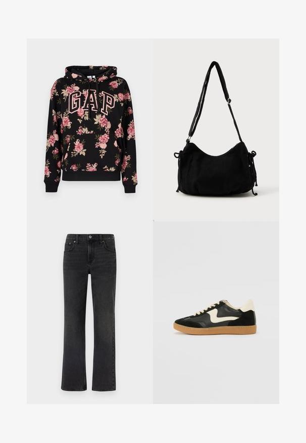 Sweat à capuche noir avec motif floral rose et beige, grandes lettres "GAP" en rose avec contour sur le devant, poche kangourou et capuche à cordon de serrage.; Jeans en denim noir avec un design à jambe droite, cinq poches et des coutures visibles. Le tissu présente une texture douce avec une finition délavée.; Baskets en daim et cuir noir avec un swoosh latéral crème et un talon crème clair. Dotées de lacets beige et d'une semelle en caoutchouc gomme.; Sac à épaule en velours côtelé noir avec une forme courbée, bandoulière réglable et fermetures à cordon des deux côtés pour un ajustement de taille.