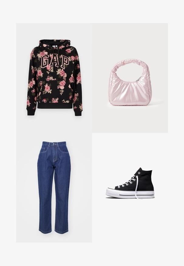 Sweat à capuche noir avec motif floral rose et beige, grandes lettres "GAP" en rose avec contour sur le devant, poche kangourou et capuche à cordon de serrage.; Jean en denim bleu foncé à taille haute, jambe droite, cinq poches et surpiqûres contrastées. Design classique avec une texture lisse.; Baskets montantes en toile noire avec semelle en caoutchouc blanche et lacets blancs, vues de côté sur un fond blanc.; Sac à main rose rembourré avec un design arrondi, fabriqué à partir d'un matériau brillant. Dispose d'une poignée froncée et d'une fermeture éclair pour un accès sécurisé.