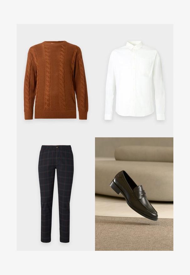 Pull en tricot marron avec des manches longues, poignets, ourlet et encolure côtelés, présenté sur un fond clair.; Chemise blanche à manches longues avec boutons, en coton, dotée d'un col pointu et d'une poche unique sur le côté gauche de la poitrine. Texture lisse.; Pantalons à carreaux noirs et rouges avec une taille élastique, fermeture à bouton, jambes fuselées, texture lisse et sans poches visibles.; Mocassin en cuir noir flottant au-dessus d'un tapis beige avec un canapé beige en arrière-plan, mettant en valeur le design classique pour hommes sans lacets.