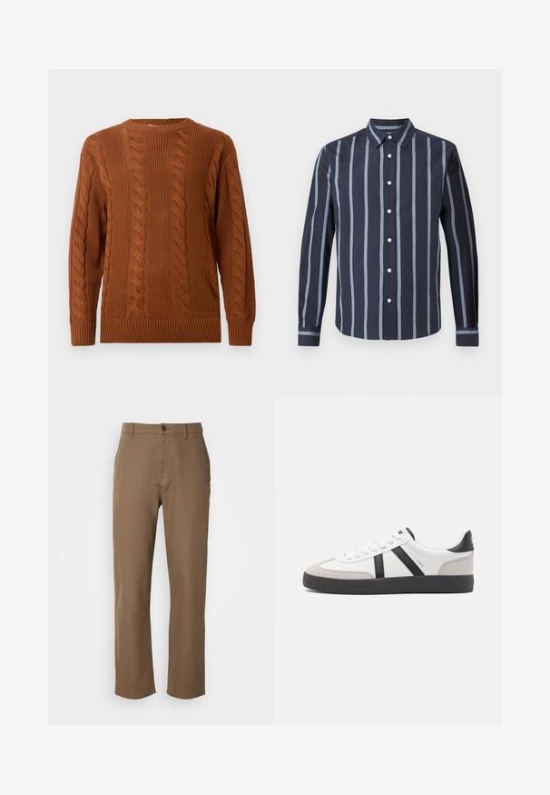 Pull en tricot marron avec des manches longues, poignets, ourlet et encolure côtelés, présenté sur un fond clair.; Chemise marine à boutons, avec des rayures verticales bleu clair, manches longues et col classique. Présente des boutons blancs et une texture lisse.; Pantalons en coton marron avec une coupe droite, fermeture à bouton et poches latérales. Ils présentent une texture lisse et un design simple, sans embellissement.; Baskets blanches avec des accents noirs et gris, présentant un embout texturé gris, une semelle en caoutchouc noir et des lacets plats blancs. Design épuré, style minimaliste.