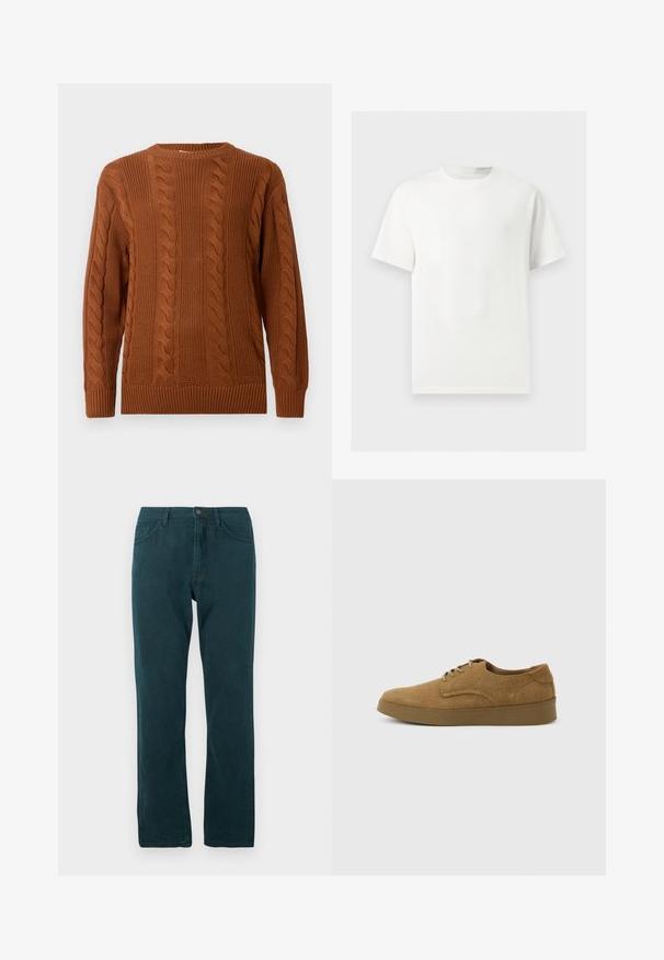 Pull en tricot marron avec des manches longues, poignets, ourlet et encolure côtelés, présenté sur un fond clair.; T-shirt blanc uni à manches courtes et col rond présenté sur un fond gris clair.; Jean droit bleu canard avec fermeture à bouton et zip à l'avant, poches avant et arrière, présenté à plat sur fond blanc.; Chaussure décontractée à lacets en daim marron avec semelle en caoutchouc plate, vue de côté sur un fond clair uni.