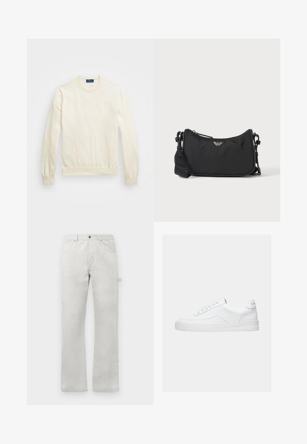 Sweatshirt crème à col ras du cou en tissu doux, avec des manches longues, des poignets côtelés et une taille ajustée. Petit logo sur le devant.; Pantalon gris clair à coupe droite, fabriqué en tissu en coton lisse, avec des poches avant et une poche cargo sur le côté.; Baskets basses blanches avec un design à lacets, dessus en cuir lisse et semelle épaisse, montrées de profil sur un fond uni.; Sac bandoulière rectangulaire noir avec emblème du logo de la marque argenté et sangle réglable sur fond clair.