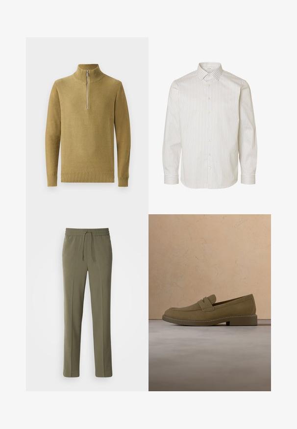 Olijfgroene gebreide trui met een hoge geribbelde kraag, een halve rits aan de voorkant en geribbelde manchetten en onderrand. Glad textuur, casual ontwerp.; Wit overhemd met lange mouwen en beige verticale strepen, knoopsluiting aan de voorkant, puntige kraag en knoopmanchetten.; Olijfgroene, lichte broek met een elastische tailleband en verstelbaar trekkoord; recht model en een gladde textuur.; Bruine suède loafer die boven een beige, gestructureerd tapijt zweeft in een woonkamer met een houten salontafel en opgestapelde boeken.
