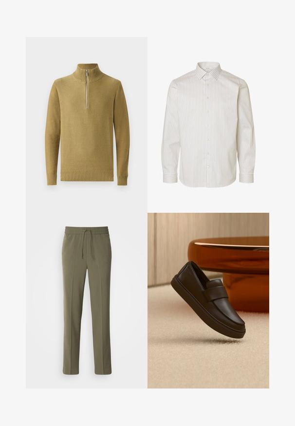 Suéter de punto verde oliva con un alto collar acanalado, media cremallera en la parte delantera, y puños y dobladillo acanalados. Textura suave, diseño informal.; Camisa blanca de vestir de manga larga con rayas verticales beige, cierre frontal con botones, cuello puntiagudo y puños con botones.; Pantalones de color verde oliva, ligeros, con cintura elástica y cordón ajustable; diseño de pierna recta y textura suave.; Un único zapato mocasín de cuero marrón oscuro flotando sobre una alfombra color crema con una mesa naranja redondeada al fondo.