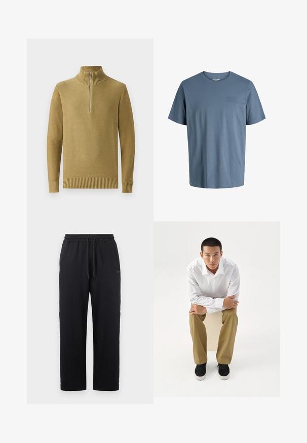 Olive-roheline kudum, millel on kõrge soonikkoes krae, poolik tõmblukk ees ning soonikkoes mansetid ja ääred. Sile tekstuur, juhuslik disain.; Jack & Jones JJECORP LOGO TEE SS O-NECK NOOS - Lihtne T-särk - blue mirage; Mustad puuvillasegust jogger-püksid, millel on elastne vöökoht nööriga, küljetaskud ja sirge säärte disain.; Noor mees valge triibulise särgi ja khaki pükstega istub taburetil ettepoole kallutatud, käed rüpes, otsa sirgelt valgel taustal vaatamas.