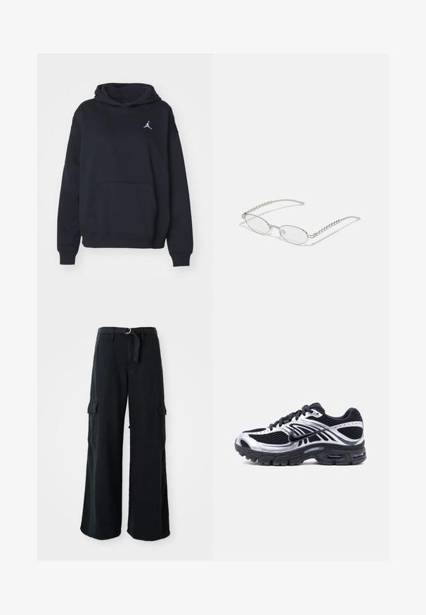 Sweatshirt à capuche noir en tissu doux, avec une poche kangourou à l'avant et un petit logo Jordan blanc sur la poitrine.; Pantalons cargo larges noirs en coton avec ceinture à nouer, dotés de deux poches latérales et d'une texture de tissu lisse.; Chaussure de course Nike noire et argentée avec tige en mesh, semelle à coussin d'air et lacets, vue de profil sur fond blanc.; Lunettes ovales avec une monture métallique argentée, verres transparents et accents de branches texturées avec perles. Design léger avec des branches courbées.