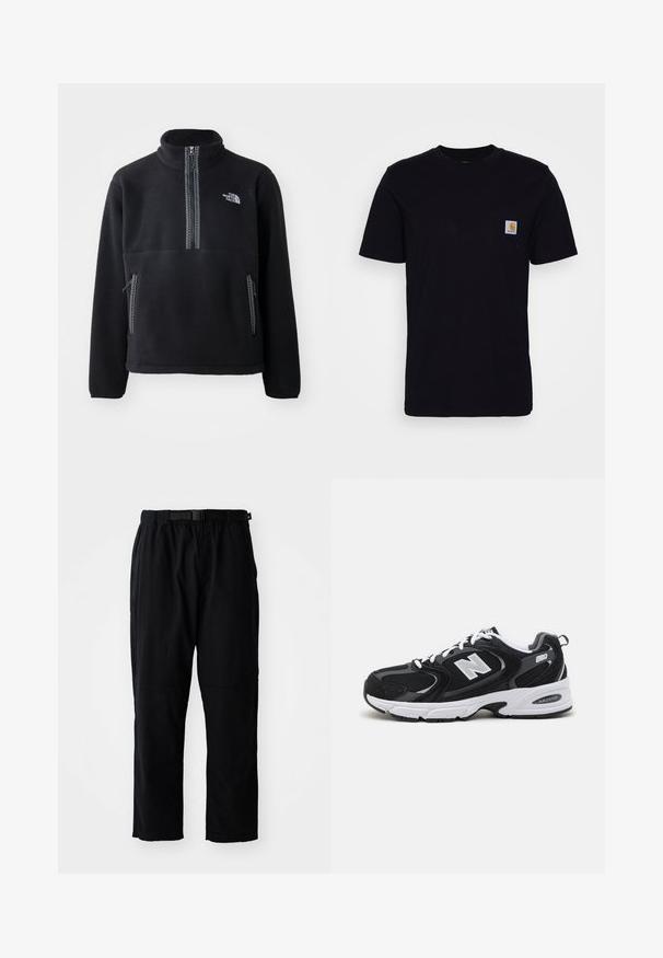 Pull en polaire noir à col montant et demi-zip, doté d'une poche poitrine et de deux poches latérales. Le design comprend un détail de fermeture éclair contrastant.; T-shirt en coton noir à manches courtes, col rond et poche poitrine avec un petit patch logo carré. Design simple et uni.; Pantalon noir léger à coupe droite, avec ceinture élastique, ceinture réglable et renforts aux genoux. Aucun motif ou accent visible.; Baskets de sport noires et grises avec un tige en mesh et en suède, présentant une semelle intermédiaire blanche, des lacets et un logo "N" audacieux sur le côté.