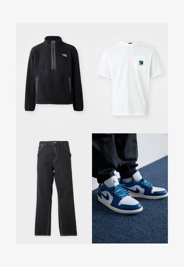 Zwarte fleece half-zip pullover met hoge kraag, voorzien van een borstzak en twee zijzakken. Het ontwerp heeft een contrasterende ritsdetail.; Witte katoen T-shirt met korte mouwen, voorzien van een borstzak met een gekleurd graphic van bergen en de tekst "THE NORTH FACE."; Zwarte jeans met rechte pijpen, voorzakken, riemlussen en zichtbare witte stiksels op een effen lichtgrijze achtergrond.; Nike Air Jordan sneakers hebben een witte leren basis met blauwe synthetische accenten, een geperforeerde neusdoos en blauwe veters.