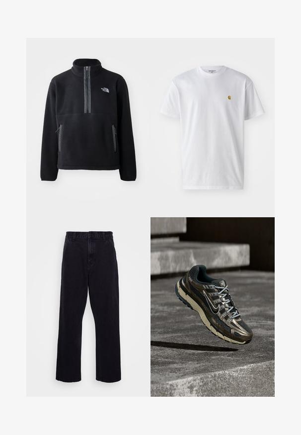 Pull en polaire noir à col montant et demi-zip, doté d'une poche poitrine et de deux poches latérales. Le design comprend un détail de fermeture éclair contrastant.; T-shirt en coton blanc à manches courtes, col rond, avec un petit logo doré sur la poitrine gauche. Texture douce et coupe régulière.; Pantalons en denim noir avec une coupe droite, dotés d'une fermeture à bouton et à zip, de passants de ceinture et de coutures minimales.; Chaussure de course Nike noire et métallique foncé avec semelle beige flottant au-dessus de marches en béton gris.