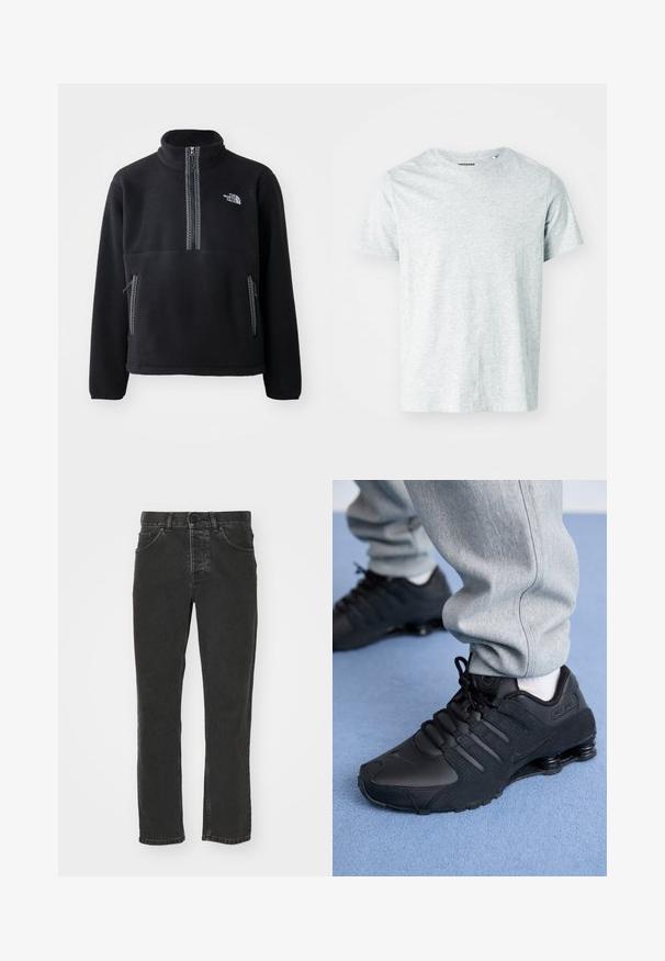 Zwarte fleece half-zip pullover met hoge kraag, voorzien van een borstzak en twee zijzakken. Het ontwerp heeft een contrasterende ritsdetail.; Lichtgrijze, korte mouwen t-shirt van zacht stof, met een ronde hals en een iets relaxte fit. Geen zichtbare patronen of graphics.; Zwarte denim jeans met een recht gesneden ontwerp, klassieke vijf-pocket styling, knoop tailleband en een vervaagde afwerking. Gladde textuur, geen zichtbare patronen.; Persoon in zwarte Nike Shox sneakers en een grijze joggingbroek staand op een lichtblauw tapijt.