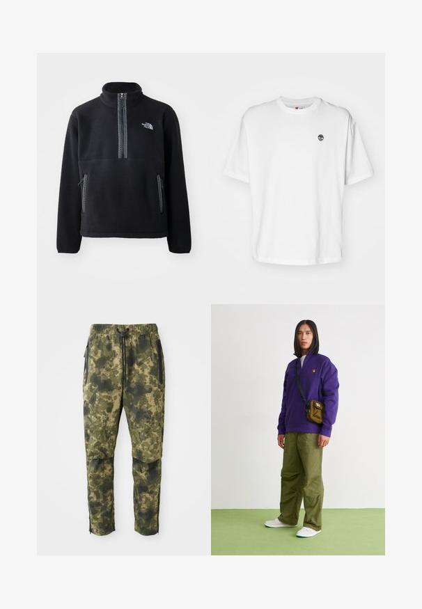 Zwarte fleece half-zip pullover met hoge kraag, voorzien van een borstzak en twee zijzakken. Het ontwerp heeft een contrasterende ritsdetail.; Witte katoenen t-shirt met een ronde halslijn, korte mouwen en een klein zwart boompje-logo op de linkerkant van de borst. Zacht materiaal, ontspannen pasvorm.; Camo broek in verschillende tinten groen met een digitaal patroon. Voorzien van een elastische tailleband, trekkoord en zijzakken met rits.; Jordan AIR JORDAN 1 ZM CMFT 2 - Sneakers hoog - summit white/bicoastal/oxidized green