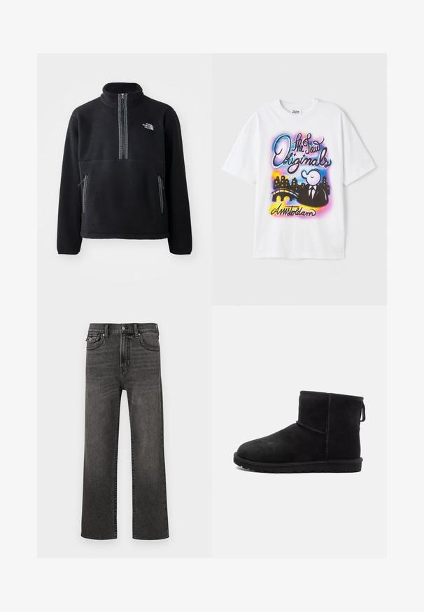 Zwarte fleece half-zip pullover met hoge kraag, voorzien van een borstzak en twee zijzakken. Het ontwerp heeft een contrasterende ritsdetail.; Witte katoenen T-shirt met een grafische afbeelding aan de voorkant, kleurrijke tekst, een cartoonfiguur in een pak, een brug en een stadsgezicht.; Rechtaflopende zwarte vervaagde jeans met voorkwab- en muntzakken, met knoop- en ritssluiting, weergegeven tegen een witte achtergrond.; Zwarte suède enkellaarsjes met ronde neus, minimale stikdetails, een lusje om aan te trekken en een gestructureerde rubberen zool. Ontworpen voor warmte en comfort.