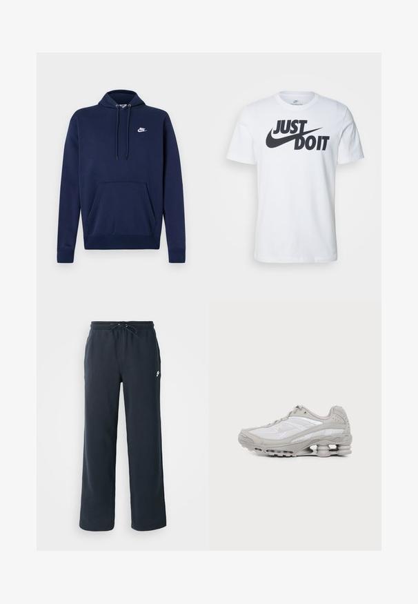 Sudadera azul marino con capucha, hecha de mezcla de algodón, con un bolsillo frontal y un logo blanco bordado en el pecho izquierdo. Capucha con cordones.; Camiseta de algodón blanca con un prominente logo negro "Just Do It" y el swoosh de Nike. Diseño clásico de cuello redondo con mangas cortas.; Pantalones de chándal azul marino oscuro con cintura elástica y cordón. Hechos de tela suave, presentan un pequeño logo blanco en la cadera izquierda.; Zapatilla deportiva gris y blanca con paneles de malla, diseño con cordones y una suela única tipo resorte para amortiguación y soporte.