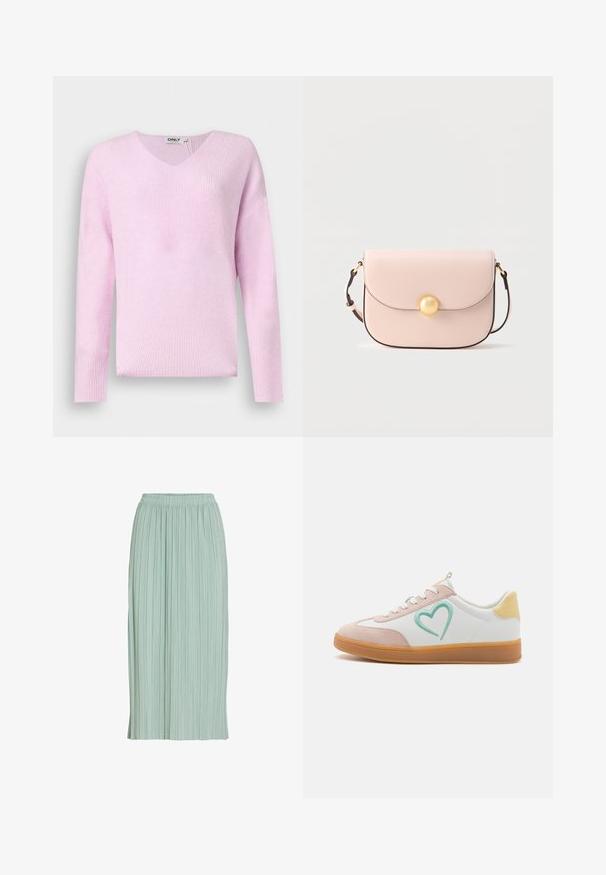 Blød striktrøje i pastelrosa med lange ærmer og V-udskæring, vist fladt mod en ensfarvet baggrund.; Lysegrøn plisseret midinederdel med elastisk talje, lige pasform og let stof.; Hvid sneakers med lyserøde ruskindsdetaljer og et mintgrønt hjerte-design. Har en sål af gummi og en lys gul hælflap.; Lyserød lædertaske med rundet klap, guldhardware med knaplukning og en tynd justerbar rem. Glat tekstur.