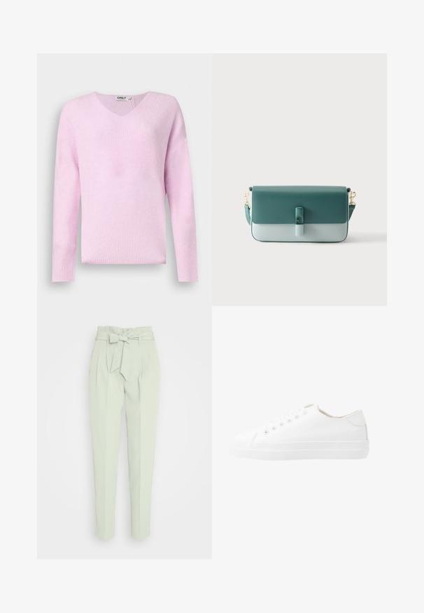 Blød striktrøje i pastelrosa med lange ærmer og V-udskæring, vist fladt mod en ensfarvet baggrund.; ONLY ONLSURI ELLY LIFE PANT - Bukser - desert sage; Hvide kanvas sneakers med lavt design, rund tå, seks snørehuller og en struktureret gummisål. Glat materiale med minimale detaljer.; Rektangulær to-tonet grøn læderhåndtaske med klaplukning, frontspænde og aftagelig skulderrem med gyldne spænder.