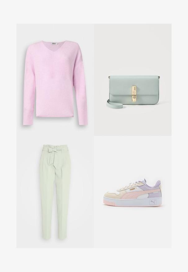 Weicher Strickpullover in Pastellrosa mit langen Ärmeln und V-Ausschnitt, flach auf einem einfarbigen Hintergrund dargestellt.; ONLY ONLSURI ELLY LIFE PANT - Stoffhose - desert sage; Herren-Sneaker in Creme, Pink und Lavendel, aus synthetischem Leder, mit weißen Schnürsenkeln, einer dicke weißen Sohle und goldenen Logo-Akzenten.; Hellblaue Leder-Clutch mit goldfarbenem rechteckigem Verschluss und abnehmbarem Handgelenksriemen auf weißem Hintergrund.