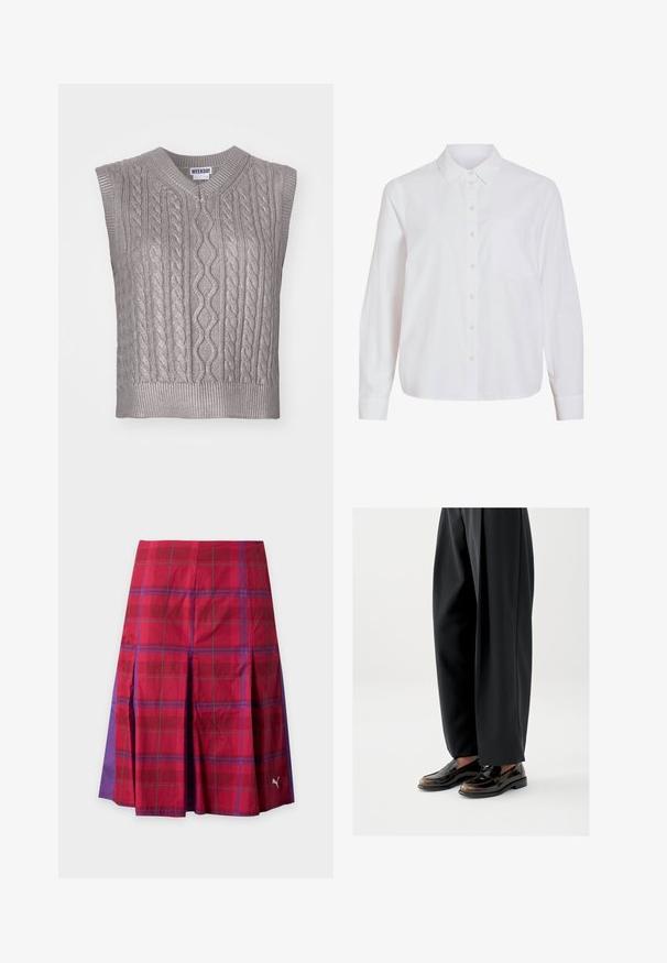 Ærmeløs grå kabelstrikket sweater med V-hals, der har teksturerede mønstre, ribbet kant og et mærke med teksten "WEEKDAY" ved halsudskæringen.; Hvid skjorte med lange ærmer, knapper foran, klassisk krave, enkelt brystlomme, lavet af glat, let stof med løs pasform.; Rødt og lilla ternet plisseret nederdel med et Puma-logo nær kanten på højre side.; Sorte loafers med en blank læderfinish, der har en dekorativ rem over toppen, kombineret med løstsiddende sorte bukser.