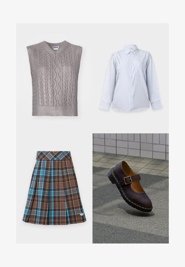Pull en tricot gris sans manches avec un col en V, présentant des motifs texturés, un ourlet côtelé et une étiquette portant la mention "WEEKDAY" au niveau du col.; Chemise blanche à manches longues avec fines rayures verticales bleues, boutonnée sur le devant, col et poche poitrine sur fond uni.; Jupe à carreaux marron avec accents bleus et beige. Comprend des plis et un logo brodé près de l'ourlet. Fabriquée à partir d'un tissu texturé.; Chaussure Mary Jane en cuir brun foncé avec une bride à boucle, des découpes en forme de fleurs et une semelle noire épaisse avec des coutures jaunes, posée sur un trottoir à côté d'un mur carrelé.