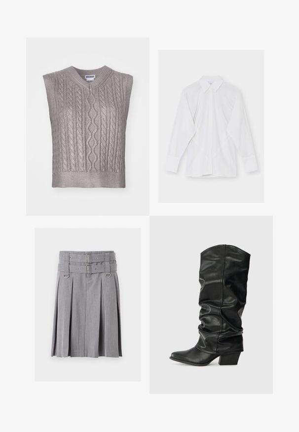 Pull en tricot gris sans manches avec un col en V, présentant des motifs texturés, un ourlet côtelé et une étiquette portant la mention "WEEKDAY" au niveau du col.; Chemise blanche à manches longues avec col pointu et boutons cachés à l'avant sur un fond uni.; Jupe plissée grise à fines rayures avec double ceinture et détails de boucles argentées, présentant des accents anneaux en D à la taille.; Bottes noires en cuir, montantes jusqu'au genou, avec un design plissé, un bout pointu et un talon épais, présentant une texture lisse et des coutures minimales.