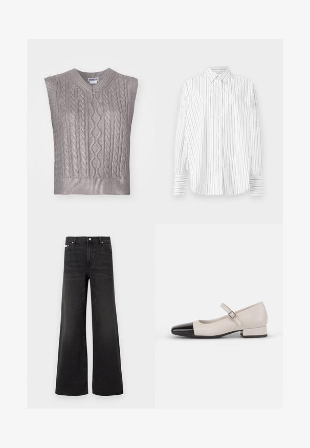 Pull en tricot gris sans manches avec un col en V, présentant des motifs texturés, un ourlet côtelé et une étiquette portant la mention "WEEKDAY" au niveau du col.; Chemise blanche à manches longues avec des fines rayures verticales noires et un col pointu, présentée sur un fond uni.; Jean en denim noir à jambes larges avec fermeture avant par bouton et zip, passants pour ceinture, et style cinq poches.; Chaussure de style Mary Jane en cuir crème avec un bout en vernis noir. Présente un bout rond, une sangle de cheville avec une boucle carrée et un petit talon carré.