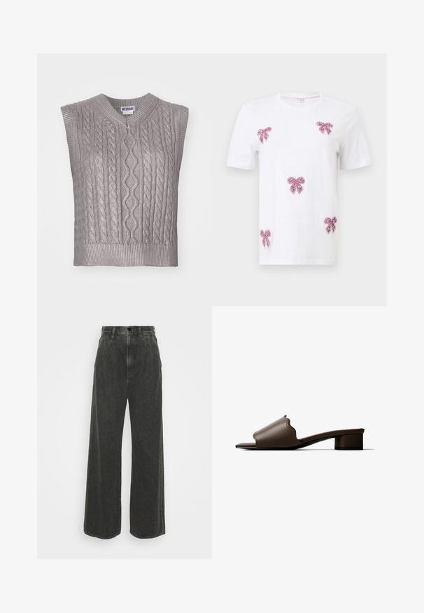 Ærmeløs grå kabelstrikket sweater med V-hals, der har teksturerede mønstre, ribbet kant og et mærke med teksten "WEEKDAY" ved halsudskæringen.; Hvid t-shirt med korte ærmer og fem lyserøde palietbuer placeret på forsiden og ærmerne.; Goldsign THE EDGAR TROUSER - Wide leg - vaughn; Brun læder mule med åben tå, lav blokhæl og bølget kant på den øverste rem, vist i sideprofil på en hvid baggrund.