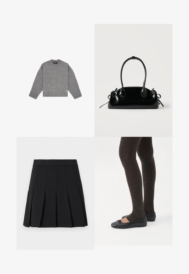 Sweater en laine gris avec un col rond, des manches longues, des poignets et un ourlet côtelés, arborant un petit logo blanc sur le côté inférieur droit.; Jupe plissée noire en tissu lisse. Elle présente une large ceinture et plusieurs plis aiguille verticaux.; Jambes portant des leggings côtelés foncés associés à des ballerines noires avec de petits détails en nœud sur fond blanc.; Petit sac à main noir brillant avec deux longues anses et des détails à cordon sur les côtés sur un fond clair uni.