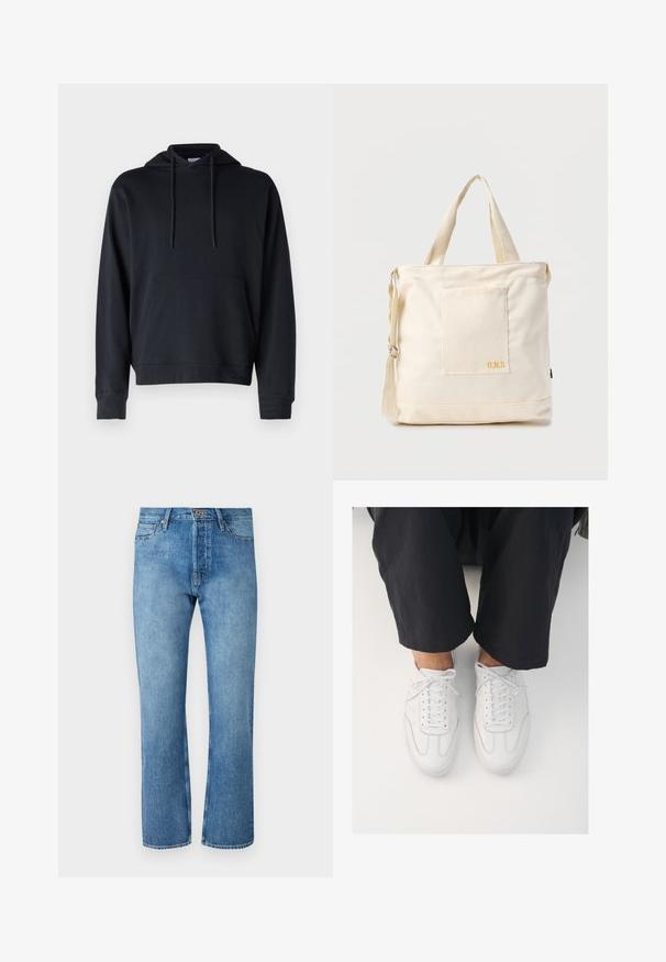 Schwarzer Hoodie aus einer Baumwollmischung, ausgestattet mit einer Kängurutasche, verstellbaren Kordeln sowie gerippten Bündchen und Saum. Einfaches Design.; Helle blaue Jeans mit geradem Bein, ausgestattet mit einem klassischen Fünf-Taschen-Design, einem Knopfverschluss und kontrastierenden Nähten.; Weiße Ledersneaker mit glatter Textur, runder Zehenform und klassischem Schnürsystem, platziert über dunklen, locker sitzenden Hosen.; Beige Canvas-Shopper mit Fronttasche, zwei Griffen, verstellbarem Schulterriemen und kleinem gelbem "O.N.S"-Text unten rechts auf der Tasche.