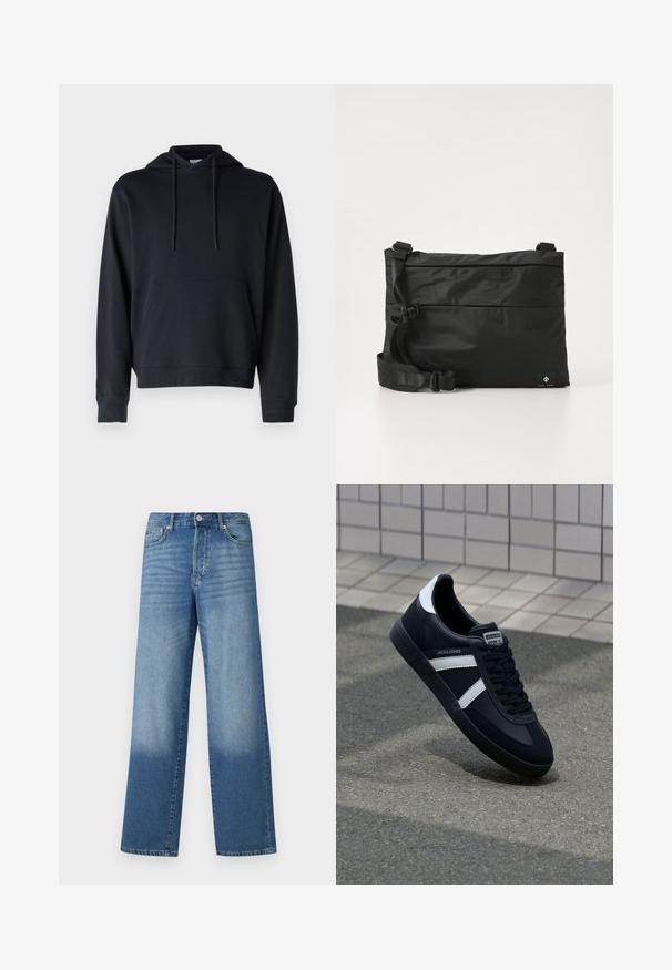 Schwarzer Hoodie aus einer Baumwollmischung, ausgestattet mit einer Kängurutasche, verstellbaren Kordeln sowie gerippten Bündchen und Saum. Einfaches Design.; Blaue hochgeschnittene Straight-Leg-Jeans mit Ausbleichungen an den Oberschenkeln und dunklerem Schatten nahe den Säumen, sichtbare vordere Knöpfe und Taschen.; Schwarze Leder-Sneaker mit weißen Streifen, strukturiertem Gummisohle und Schnürung. Verfügt über ein Markenetikett auf der Zunge.; Schwarze Nylon-Umhängetasche mit verstellbarem Riemen, flachem Design und seitlichem Etikett mit Logo. Glatte Textur und minimalistischer Stil.