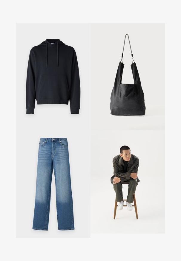 Sort hoodie lavet af en blanding af bomuldsstoffer, med en kengurulomme, justerbare snore og ribmekanter ved håndleddene og kanten. Simpelt design.; Blå højtaljede strækte jeans med falmede områder på lårerne og mørkere skygger nær kanten, synlig frontknap og lommer.; Ung mand i mørk læderjakke og jeans sidder på en træskammel, læner sig fremad med armene krydset og kigger til siden mod hvid baggrund.; Sort blød stofnettaske med brede håndtag og en tynd sort-hvid flettet skulderrem.