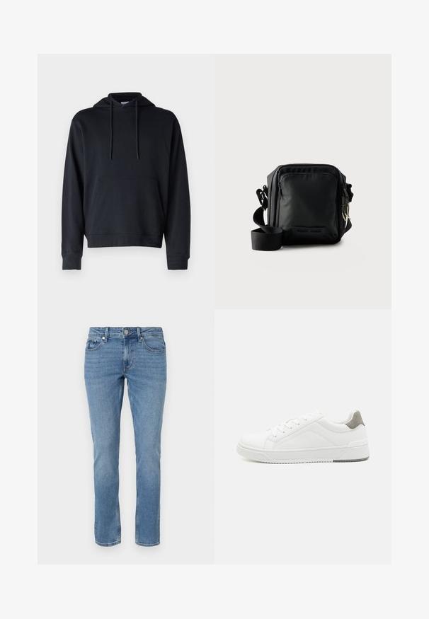 Sort hoodie lavet af en blanding af bomuldsstoffer, med en kengurulomme, justerbare snore og ribmekanter ved håndleddene og kanten. Simpelt design.; Blå lige ben denim jeans med for lommer, bæltesløjfer og knaplukning.; Hvid sneaker lavet af glat læder, rund tå, minimalistisk design, grå hælafsats og tekstureret gummisål.; Sort kompakt crossbody taske med front lynlåslomme, justerbar rem og tekstureret stof mod en ensfarvet baggrund.