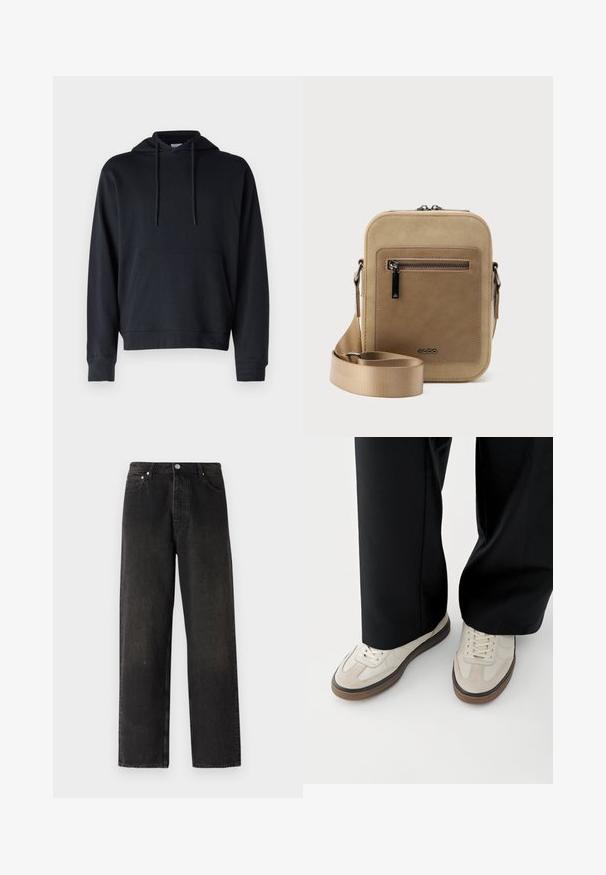 Sort hoodie lavet af en blanding af bomuldsstoffer, med en kengurulomme, justerbare snore og ribmekanter ved håndleddene og kanten. Simpelt design.; Sorte denim jeans med lige ben, der har en fem-lomme stil, messingknap og subtile teksturvariationer på stoffet.; Fødder iført beige sneakers med brune såler og sorte bukser med vide ben på hvid baggrund.; Lille beige crossbody-taske med lynlåslomme foran, metal ALDO-logo, justerbar bred rem og rundet rektangulær form på hvid baggrund.