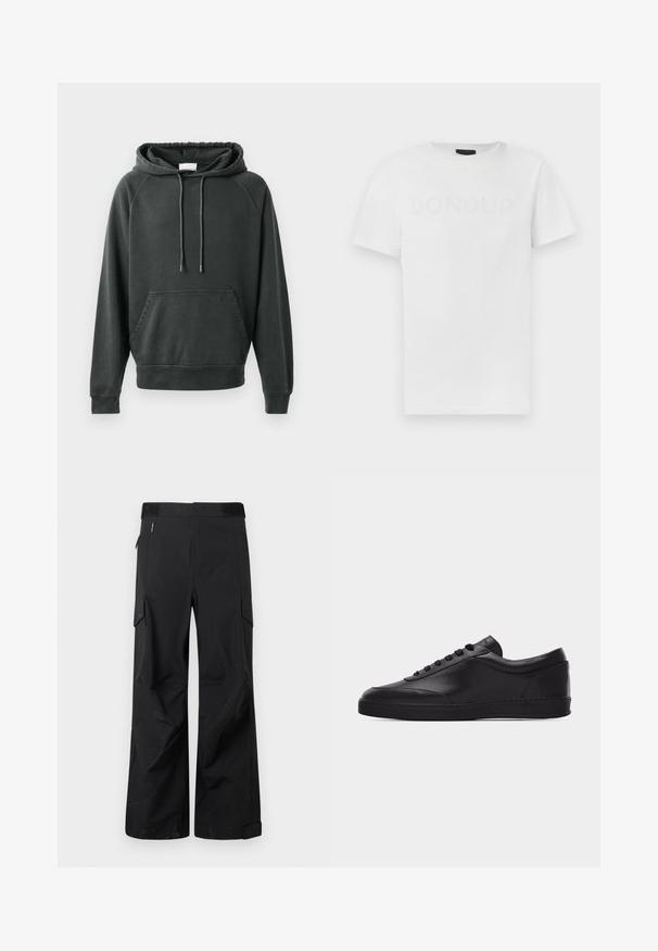 CLOSED Hoodie - black; Wit katoenen T-shirt met een ronde hals en korte mouwen, met een subtiel, ton-sur-ton "DONDUP" logo op de voorkant gedrukt.; Zwarte cargo-broeken gemaakt van een gladde, waterafstotende stof. Kenmerken zijn wijde pijpen, meerdere zijzakken en een vlakke tailleband met subtiele branding.; Zwarte lage leren sneaker met vetersluiting aan de voorkant en een platte rubberen zool, gezien van de zijkant tegen een effen witte achtergrond.